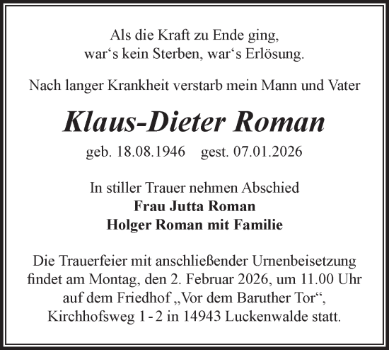 Traueranzeige von Klaus-Dieter Roman von Blickpunkt Jüterbog/Luckenwalde