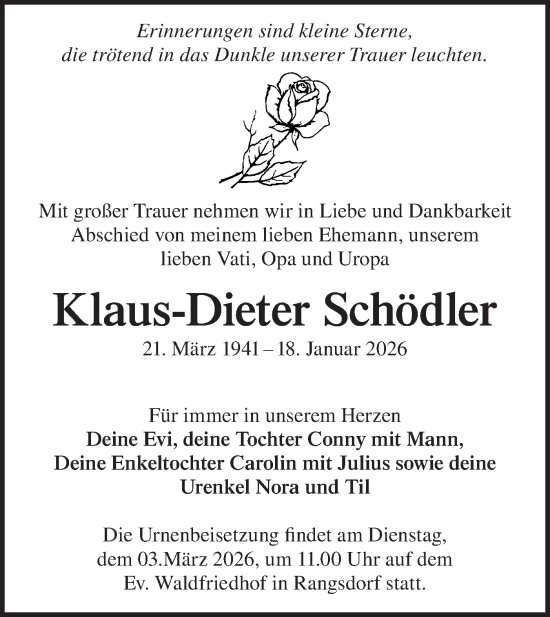Traueranzeige von Klaus-Dieter Schödler von Blickpunkt Ludwigsfelde/Zossen