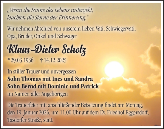 Traueranzeige von Klaus-Dieter Scholz von Märkische Oderzeitung