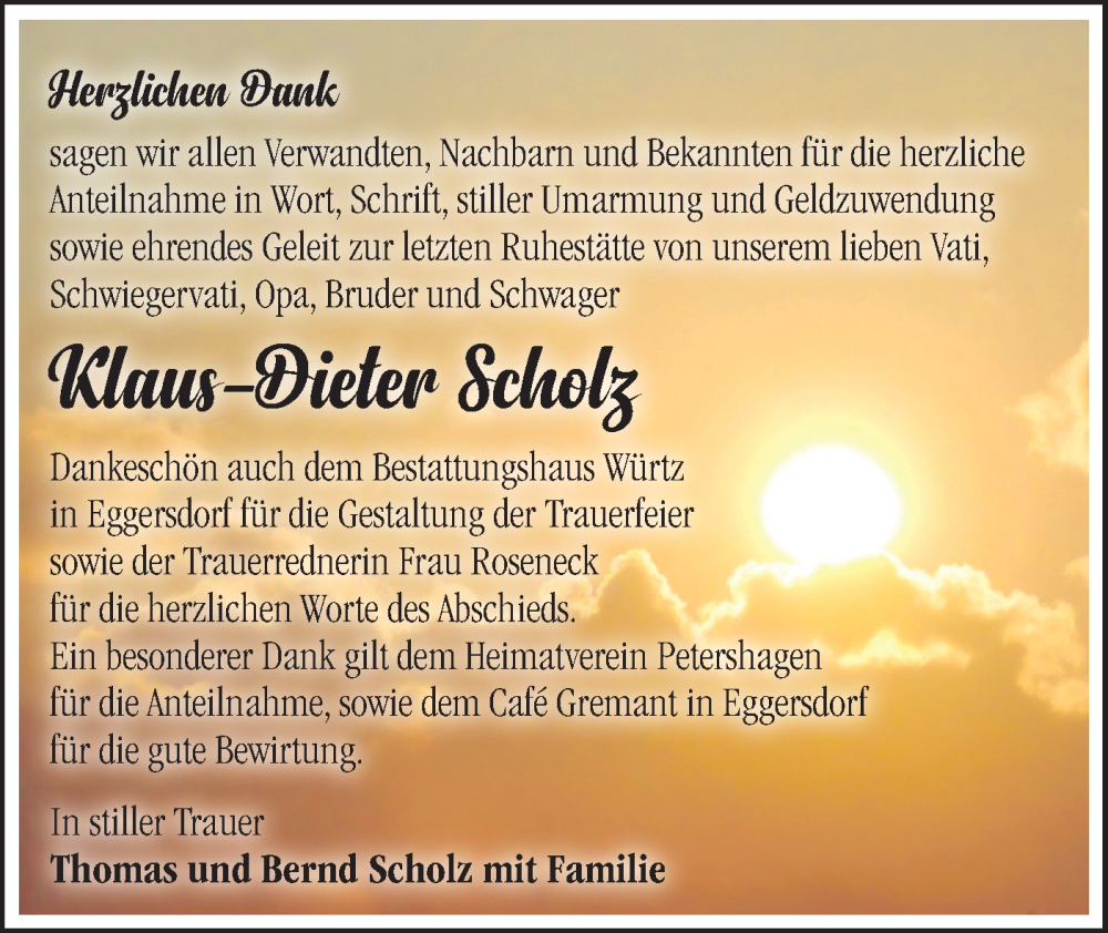  Traueranzeige für Klaus-Dieter Scholz vom 31.01.2026 aus Märkische Oderzeitung