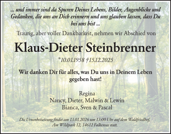 Traueranzeige von Klaus-Dieter Steinbrenner von Märkische Oderzeitung