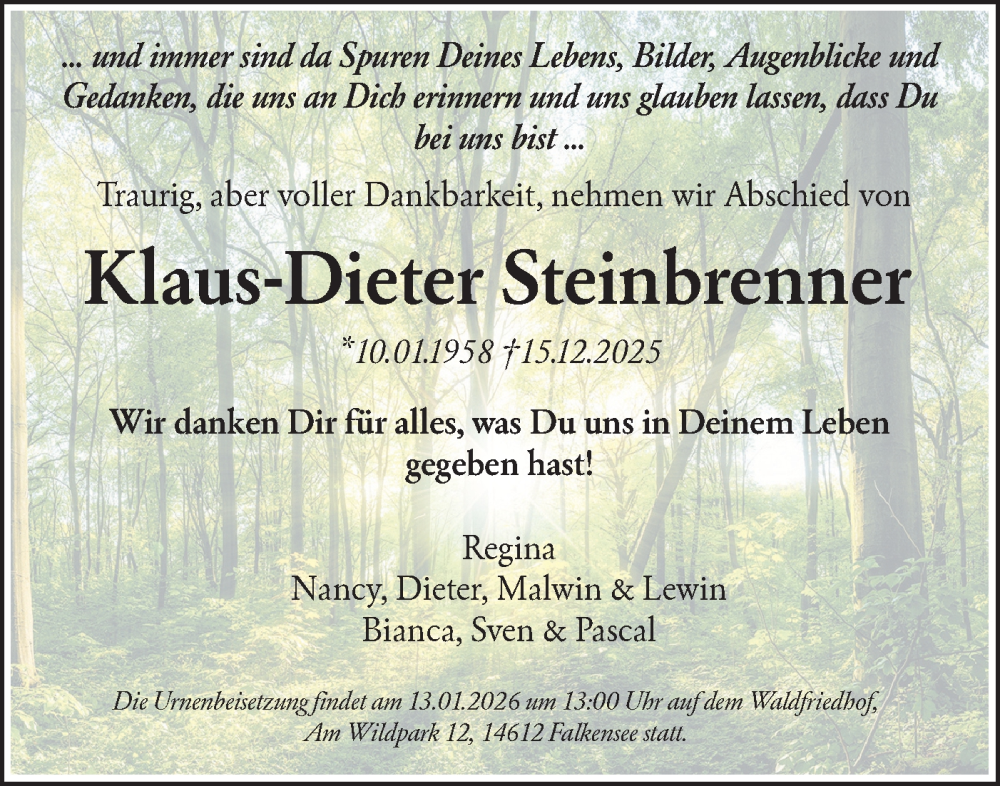  Traueranzeige für Klaus-Dieter Steinbrenner vom 10.01.2026 aus Märkische Oderzeitung