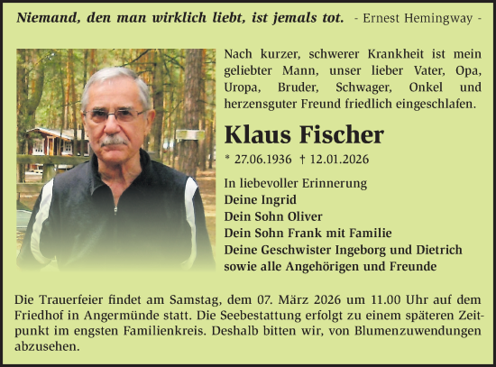 Traueranzeige von Klaus Fischer von MO Uckerm.-Anz.