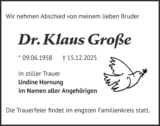 Traueranzeige von Klaus Große von Märkische Oderzeitung