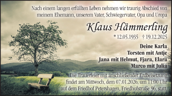 Traueranzeige von Klaus Hämmerling von Märkische Oderzeitung