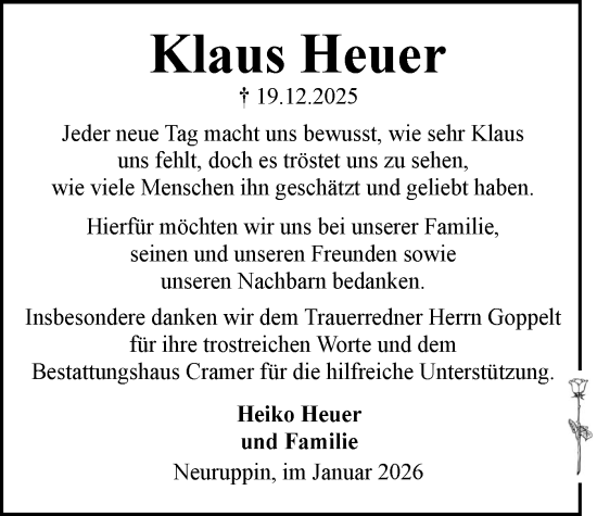 Traueranzeige von Klaus Heuer von Märkische Oderzeitung