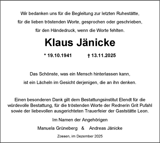 Traueranzeige von Klaus Jänicke von Blickpunkt Ludwigsfelde/Zossen