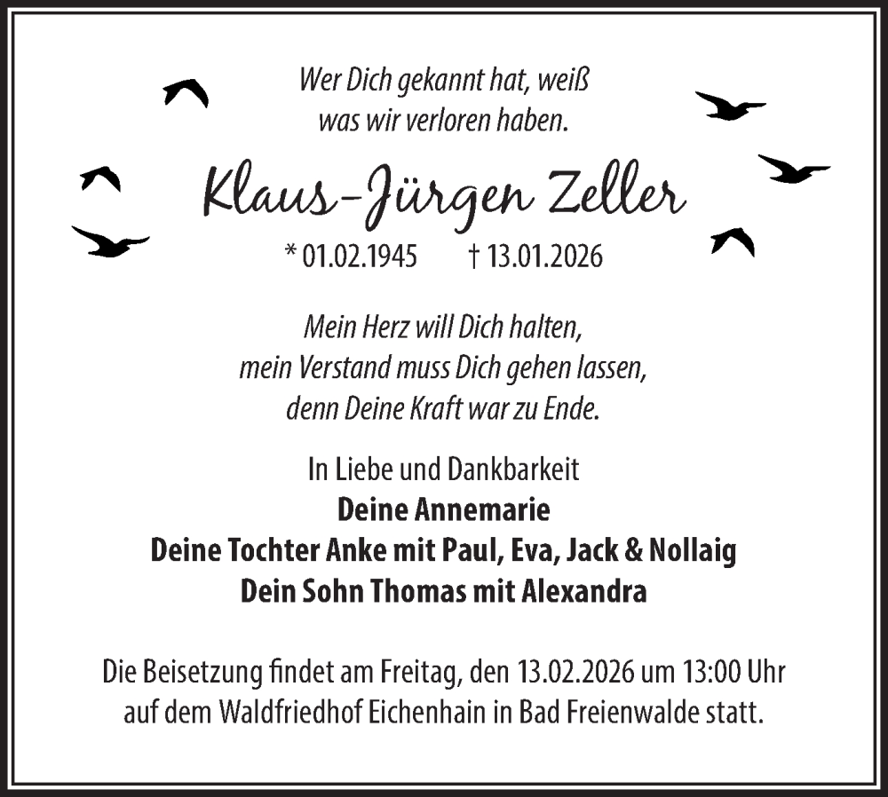  Traueranzeige für Klaus-Jürgen Zeller vom 31.01.2026 aus MO Oderld.-Echo