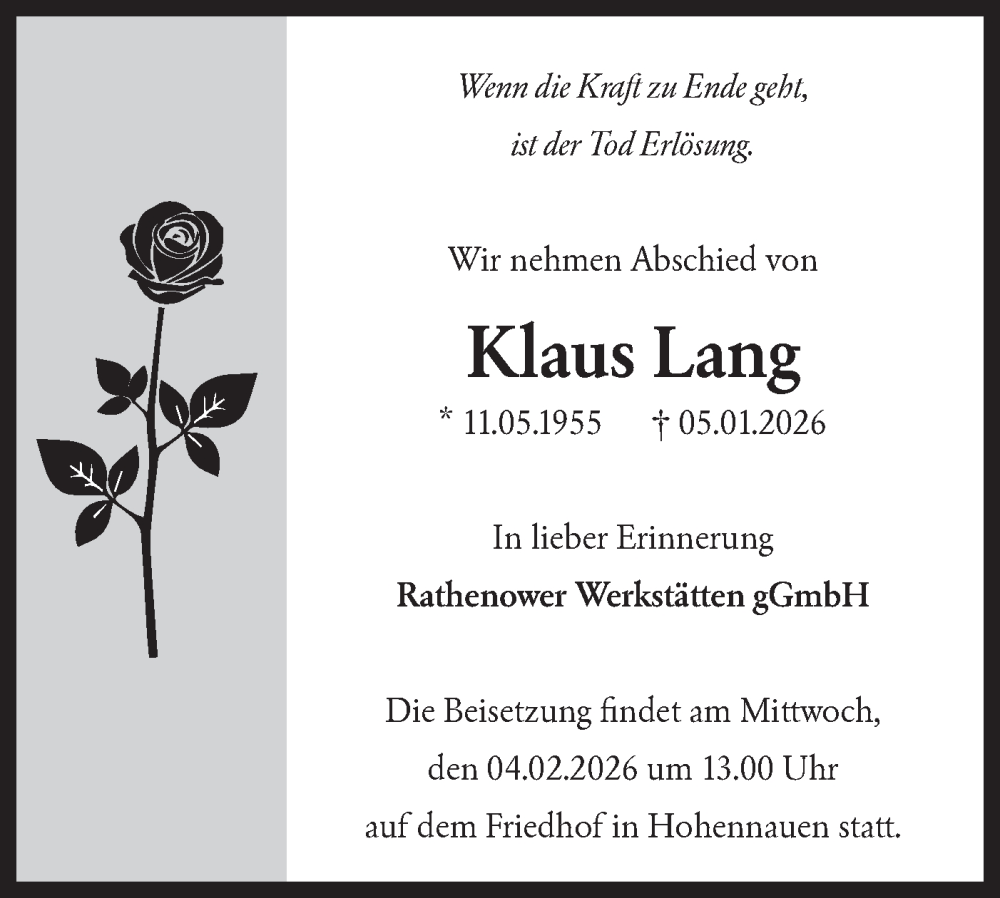  Traueranzeige für Klaus Lang vom 24.01.2026 aus Märkische Oderzeitung