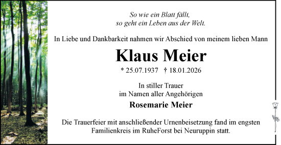 Traueranzeige von Klaus Meier von Märkische Oderzeitung