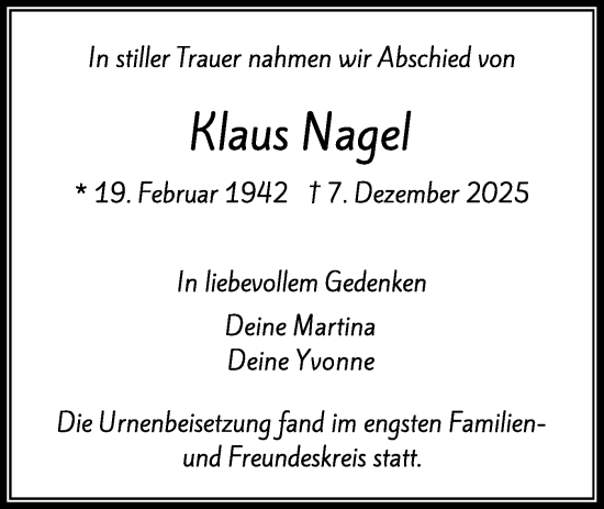 Traueranzeige von Klaus Nagel von Märkische Oderzeitung