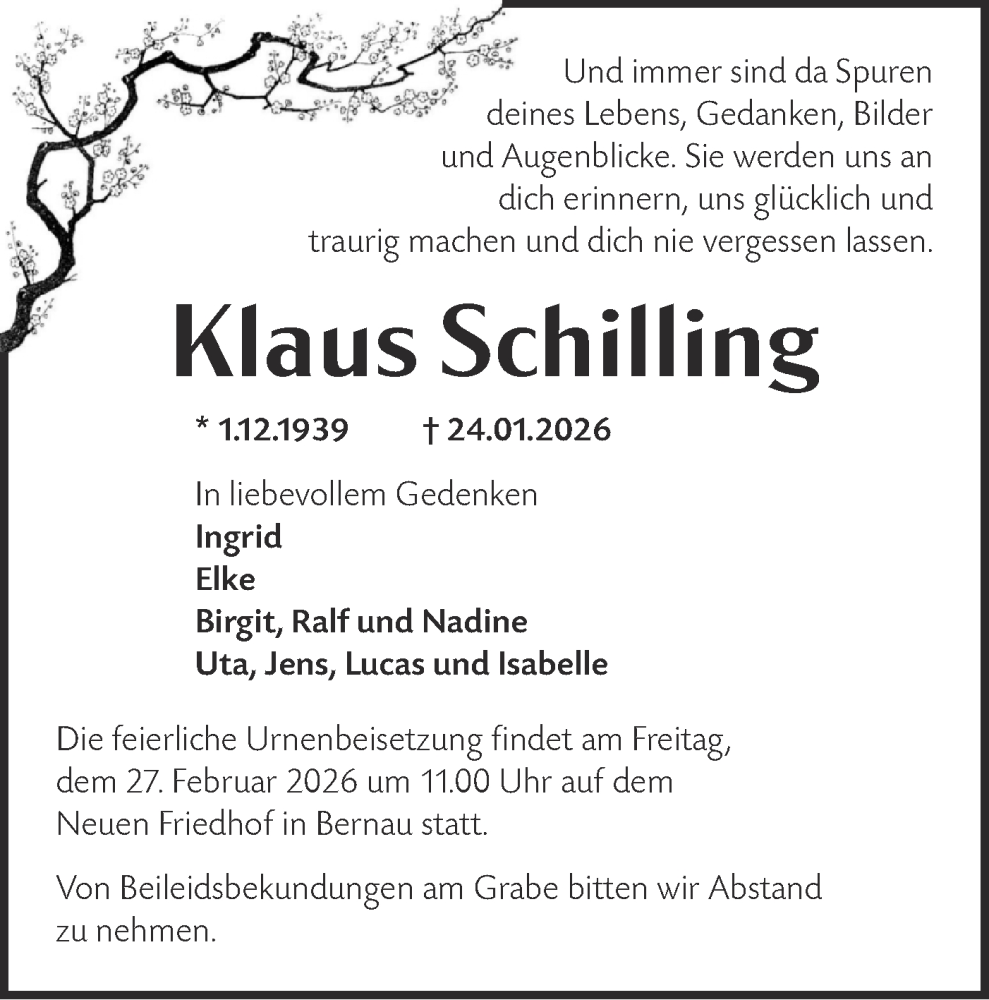  Traueranzeige für Klaus Schilling vom 31.01.2026 aus Märkische Oderzeitung