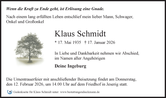 Traueranzeige von Klaus Schmidt von Märkische Oderzeitung