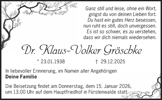 Traueranzeige von Klaus-Volker Gröschke von Märkische Oderzeitung
