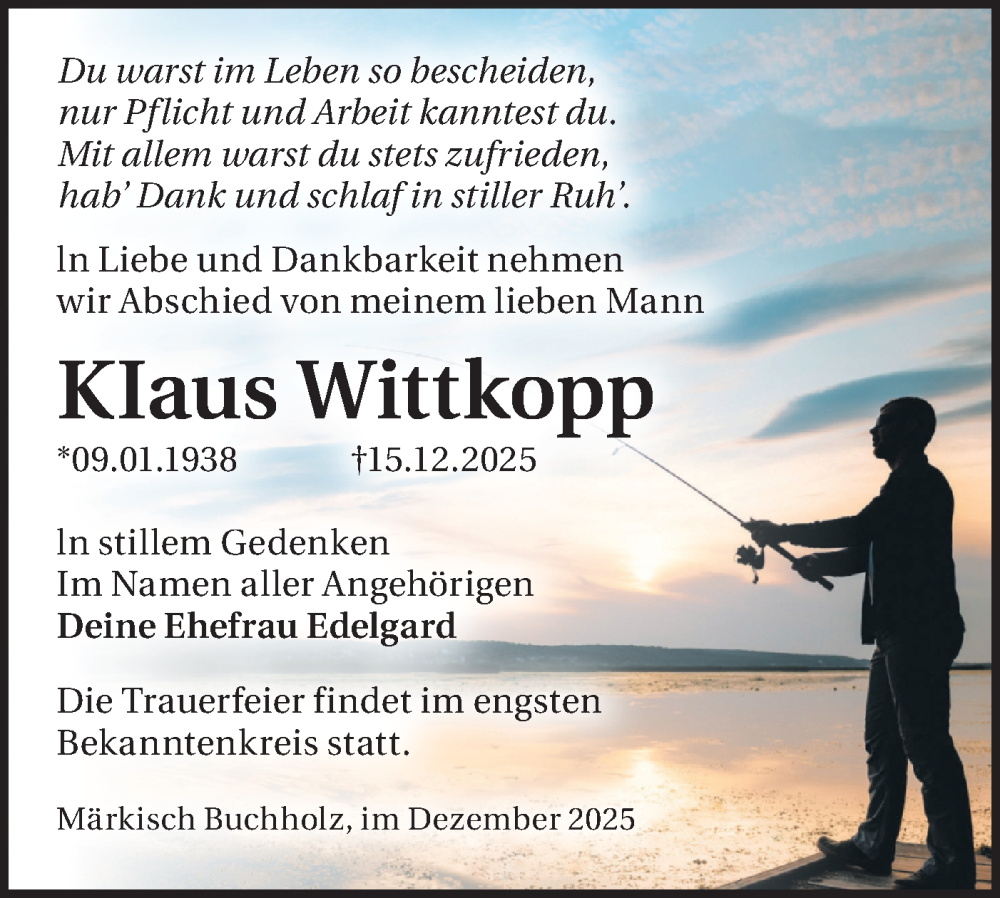  Traueranzeige für Klaus Wittkopp vom 03.01.2026 aus Blickpunkt Königs Wusterhausen