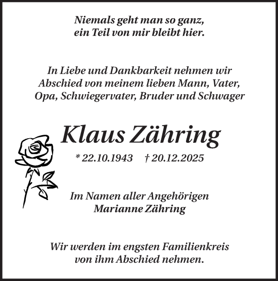 Traueranzeige von Klaus Zähring von Märkische Oderzeitung