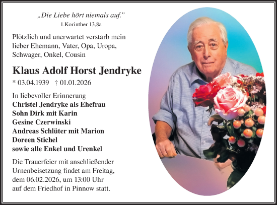 Traueranzeige von Klaus Adolf Horst Jendryke von MO Uckerm.-Anz.