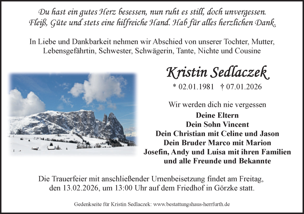  Traueranzeige für Kristin Sedlaczek vom 31.01.2026 aus Märkische Oderzeitung