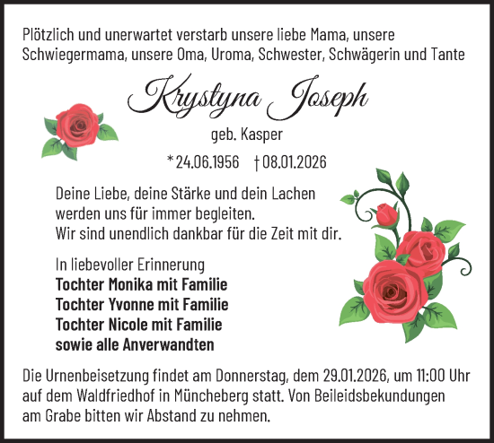 Traueranzeige von Krystyna Joseph von Märkische Oderzeitung