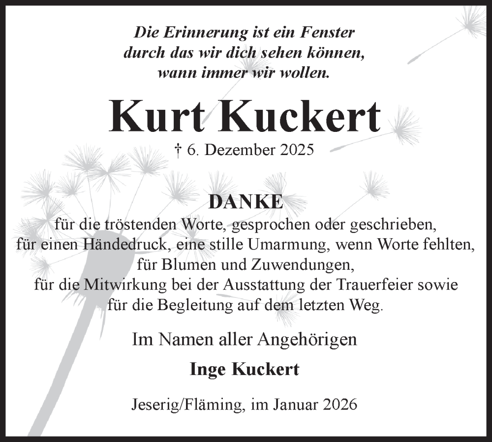  Traueranzeige für Kurt Kuckert vom 24.01.2026 aus Märkische Oderzeitung