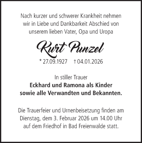 Traueranzeige von Kurt Punzel von Märkische Oderzeitung