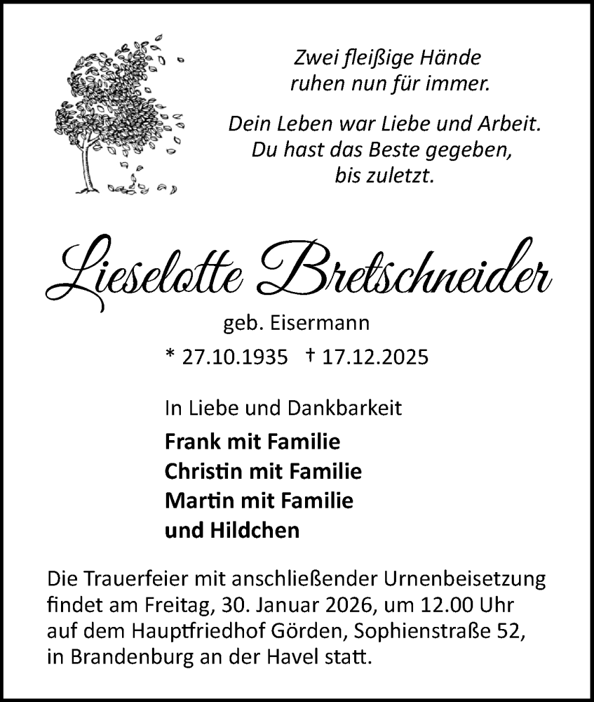  Traueranzeige für Lieselotte Bretschneider vom 10.01.2026 aus Märkische Oderzeitung