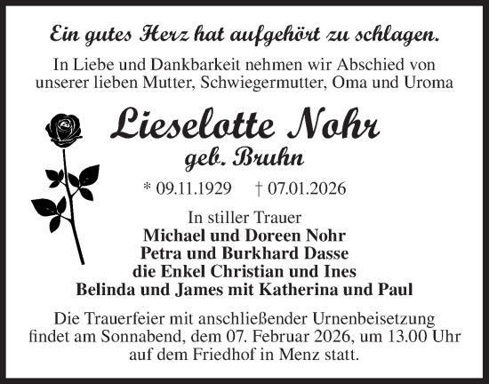 Traueranzeige von Lieselotte Nohr von Märkische Oderzeitung