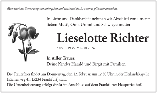 Traueranzeige von Lieselotte Richter von Märkische Oderzeitung