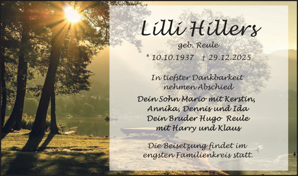  Traueranzeige für Lilli Hillers vom 17.01.2026 aus Märkische Oderzeitung