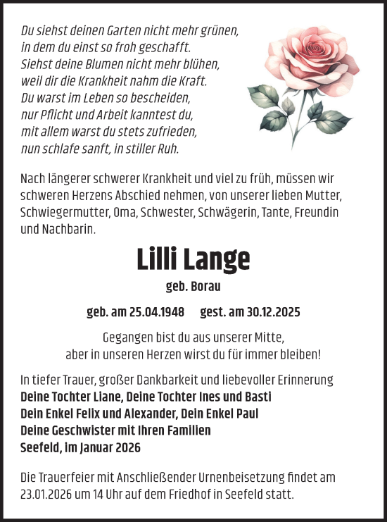 Traueranzeige von Lilli Lange von Märkische Oderzeitung