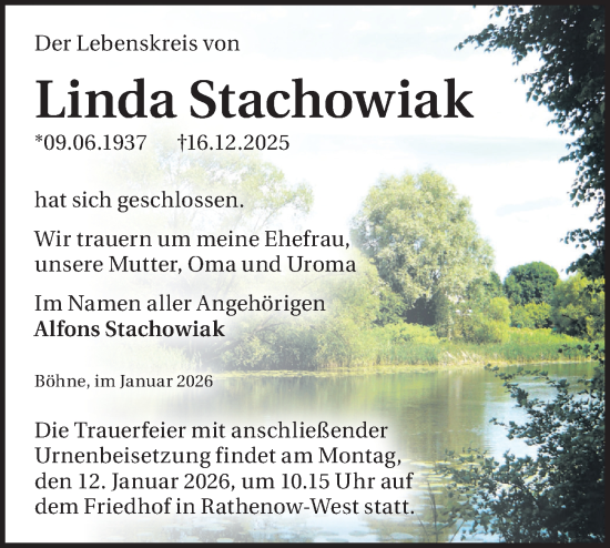 Traueranzeige von Linda Stachowiak von Märkische Oderzeitung