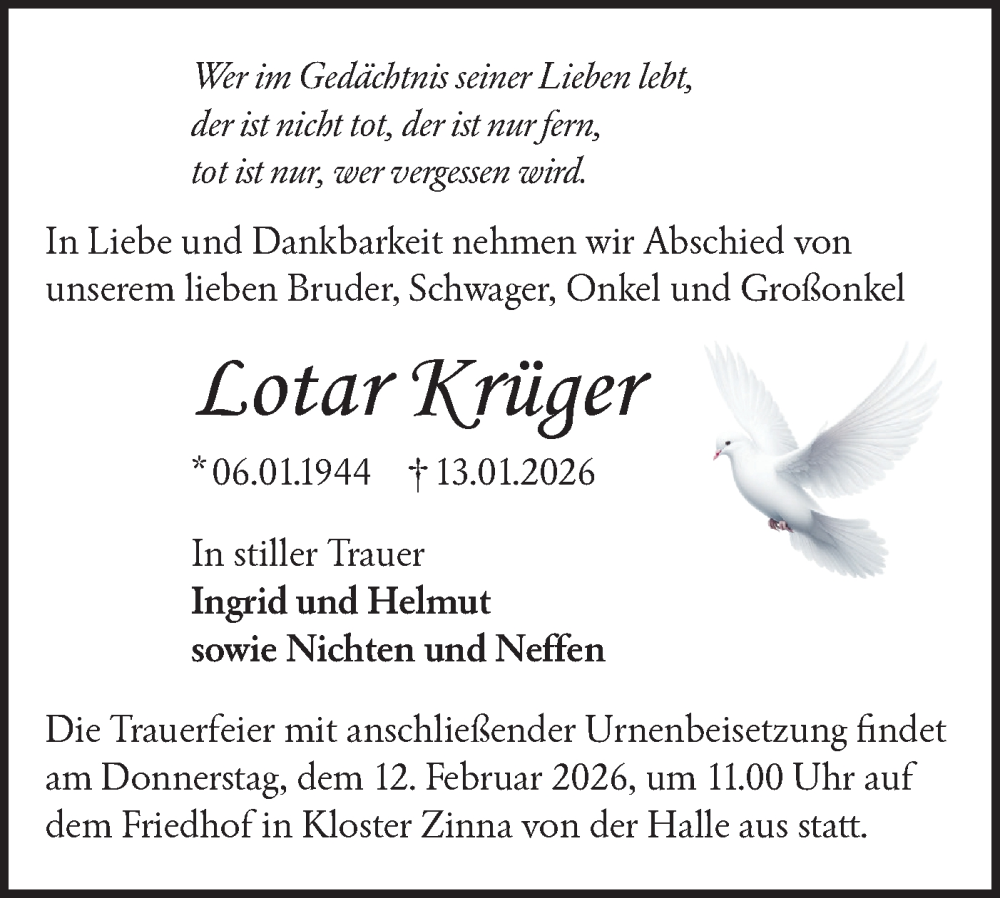  Traueranzeige für Lotar Krüger vom 24.01.2026 aus Blickpunkt Jüterbog/Luckenwalde