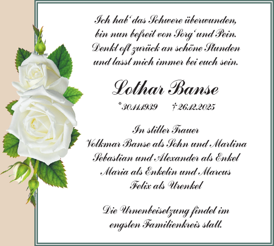 Traueranzeige von Lothar Banse von MO Oderld.-Echo