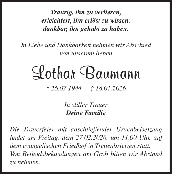 Traueranzeige von Lothar Baumann von Blickpunkt Jüterbog/Luckenwalde