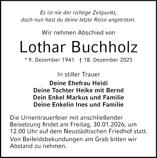 Traueranzeige von Lothar Buchholz von Märkische Oderzeitung