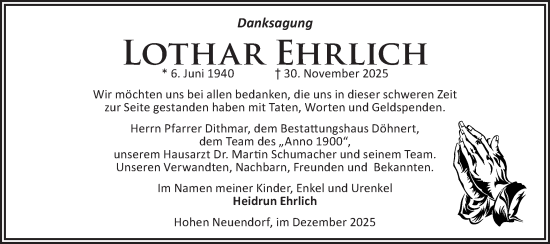Traueranzeige von Lothar Ehrlich von Märkische Oderzeitung