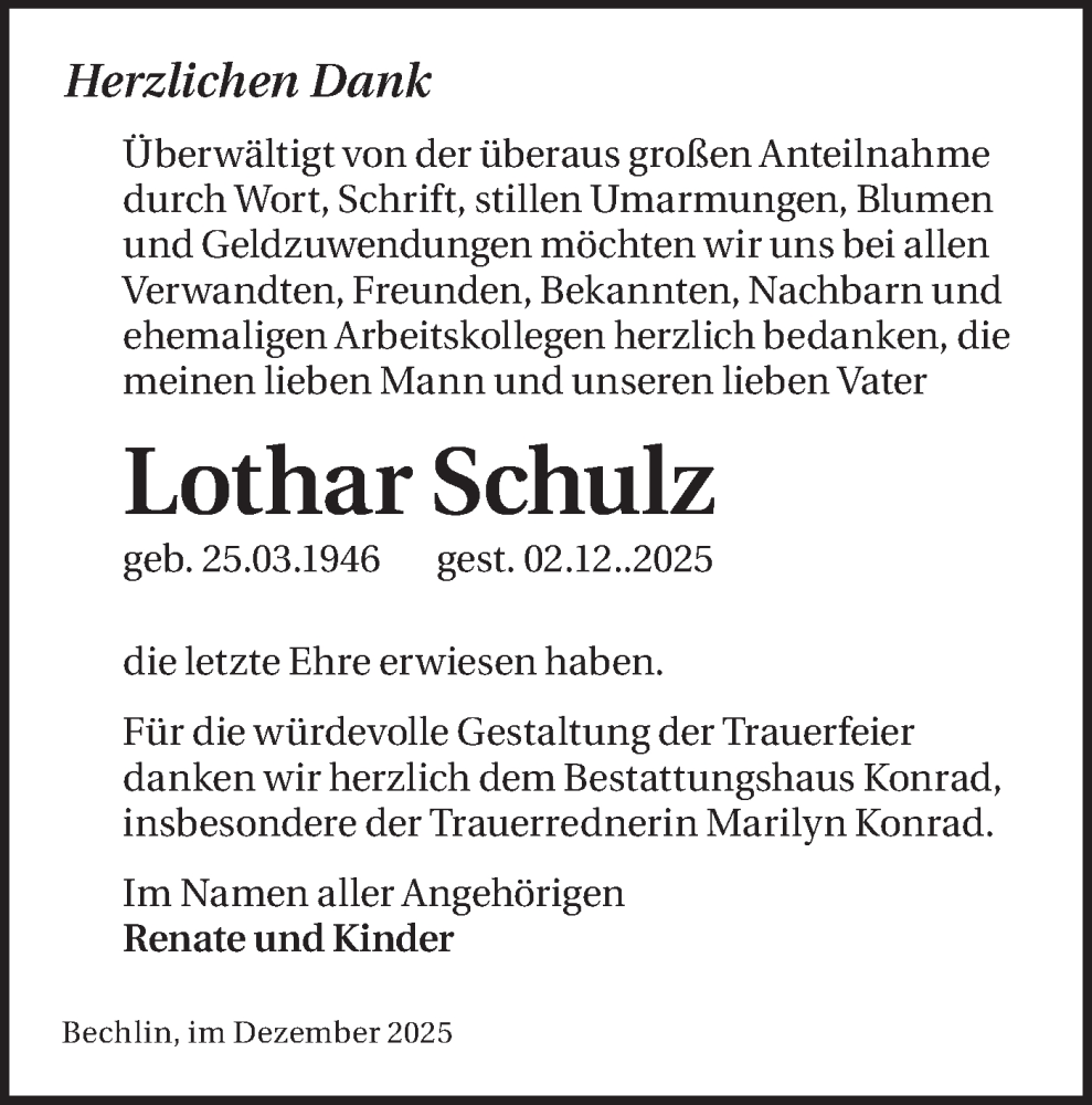 Traueranzeige für Lothar Schulz vom 10.01.2026 aus Märkische Oderzeitung