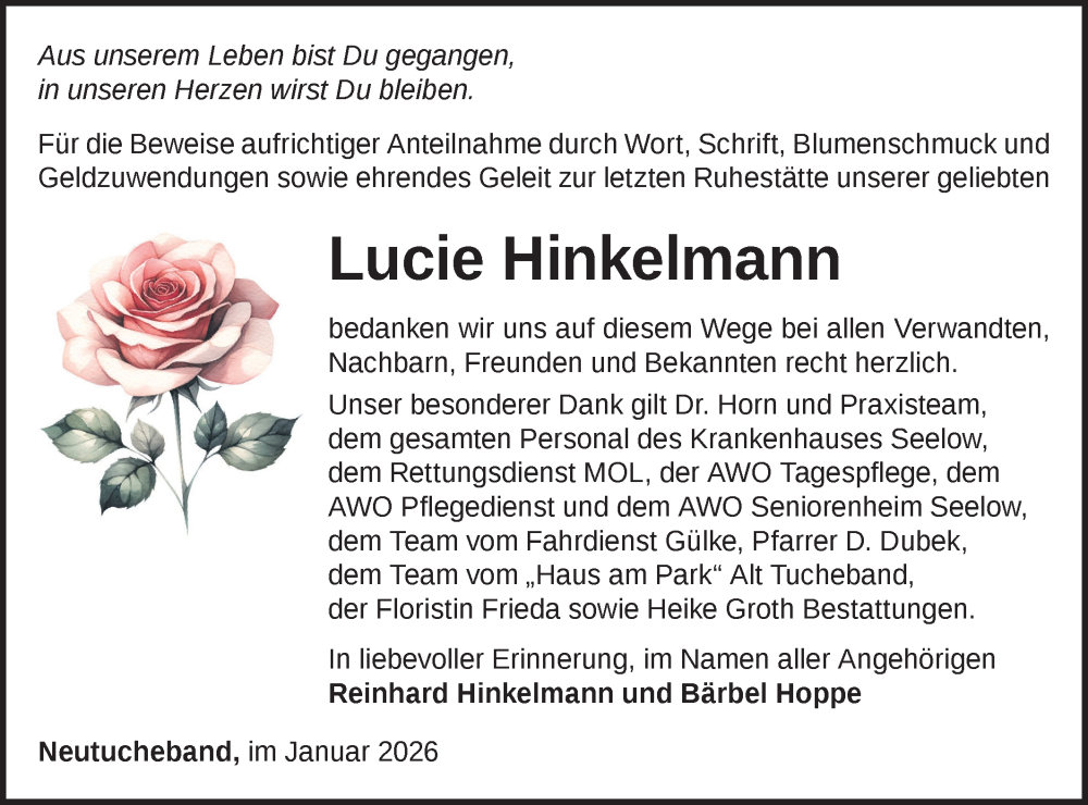  Traueranzeige für Lucie Hinkelmann vom 31.01.2026 aus MO Oderld.-Echo