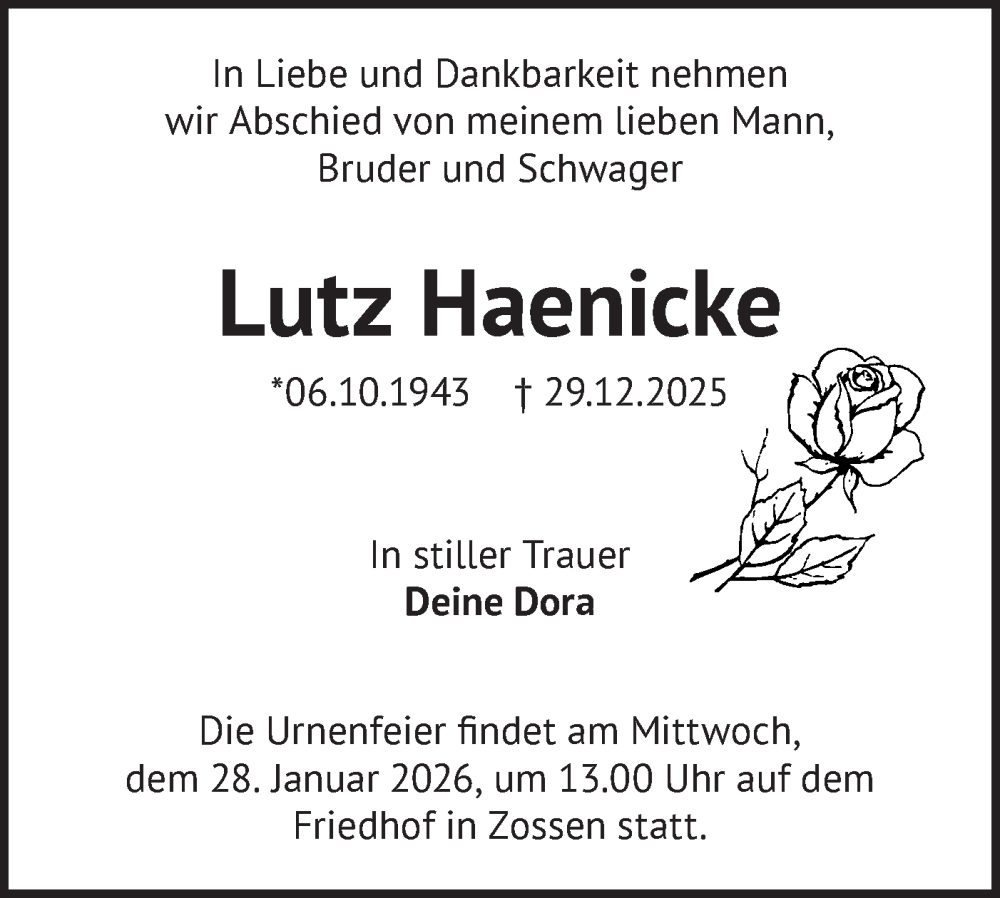  Traueranzeige für Lutz Haenicke vom 10.01.2026 aus Blickpunkt Ludwigsfelde/Zossen