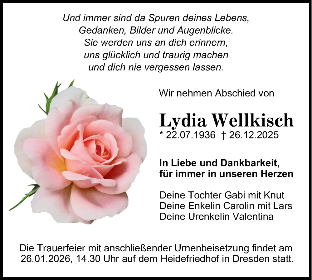  Traueranzeige für Lydia Wellkisch vom 10.01.2026 aus Märkische Oderzeitung