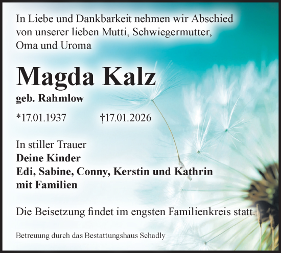 Traueranzeige von Magda Kalz von Blickpunkt Königs Wusterhausen