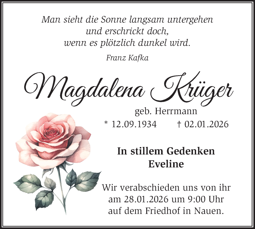  Traueranzeige für Magdalena Krüger vom 17.01.2026 aus Märkische Oderzeitung