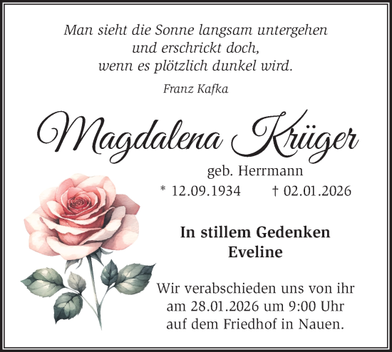 Traueranzeige von Magdalena Krüger von Märkische Oderzeitung