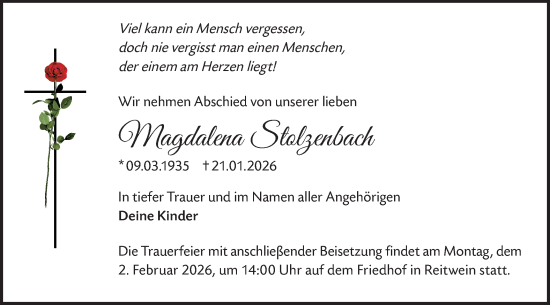 Traueranzeige von Magdalena Stolzenbach von MO Oderld.-Echo