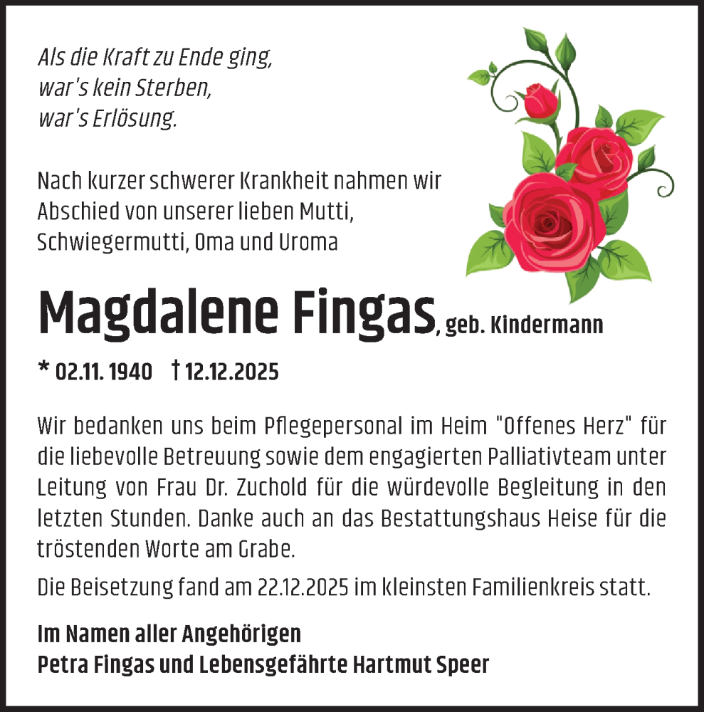  Traueranzeige für Magdalene Fingas vom 03.01.2026 aus Märkische Oderzeitung