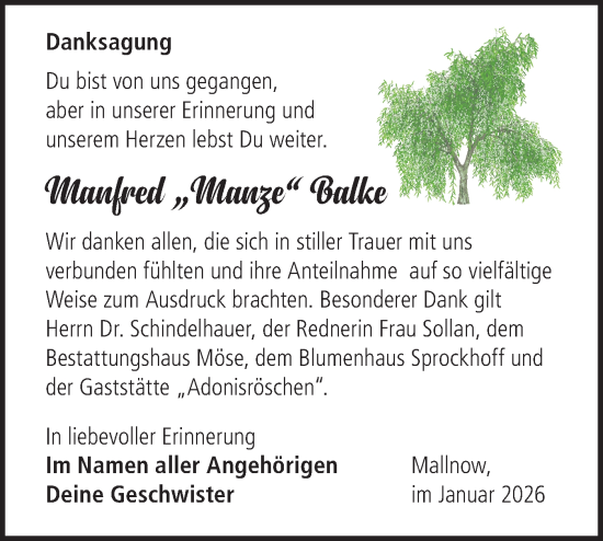 Traueranzeige von Manfred Balke von MO Oderld.-Echo