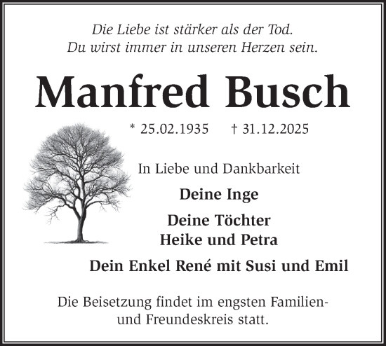 Traueranzeige von Manfred Busch von Märkische Oderzeitung
