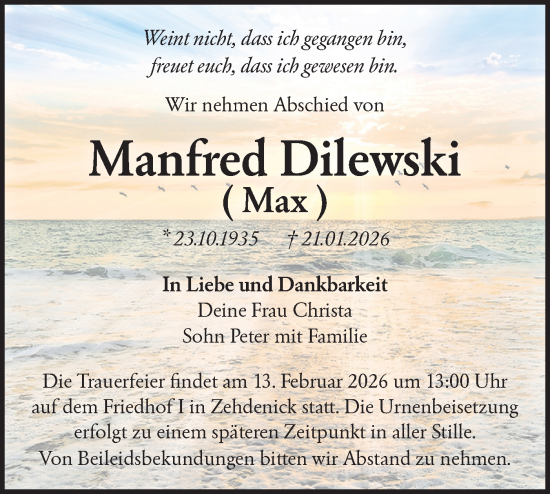 Traueranzeige von Manfred Dilewski von Märkische Oderzeitung