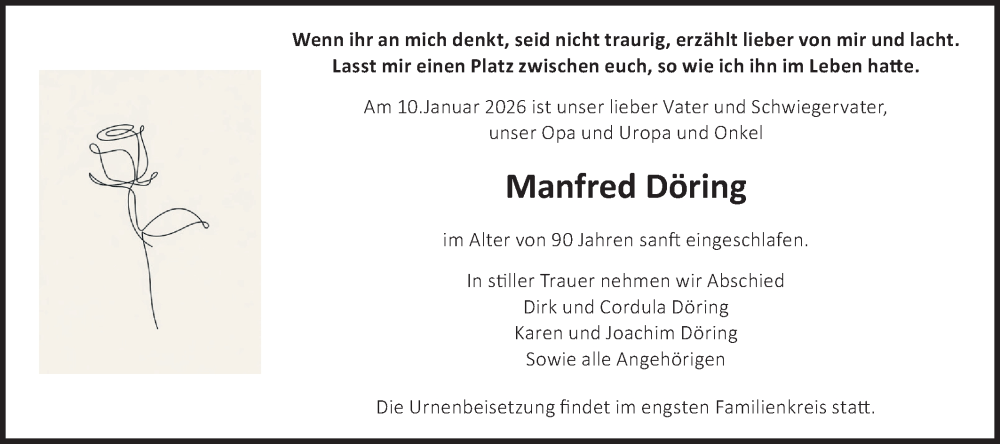  Traueranzeige für Manfred Döring vom 24.01.2026 aus Märkische Oderzeitung
