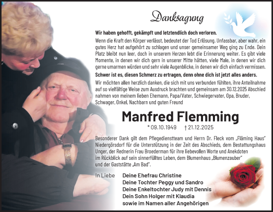 Traueranzeige von Manfred Flemming von Blickpunkt Jüterbog/Luckenwalde